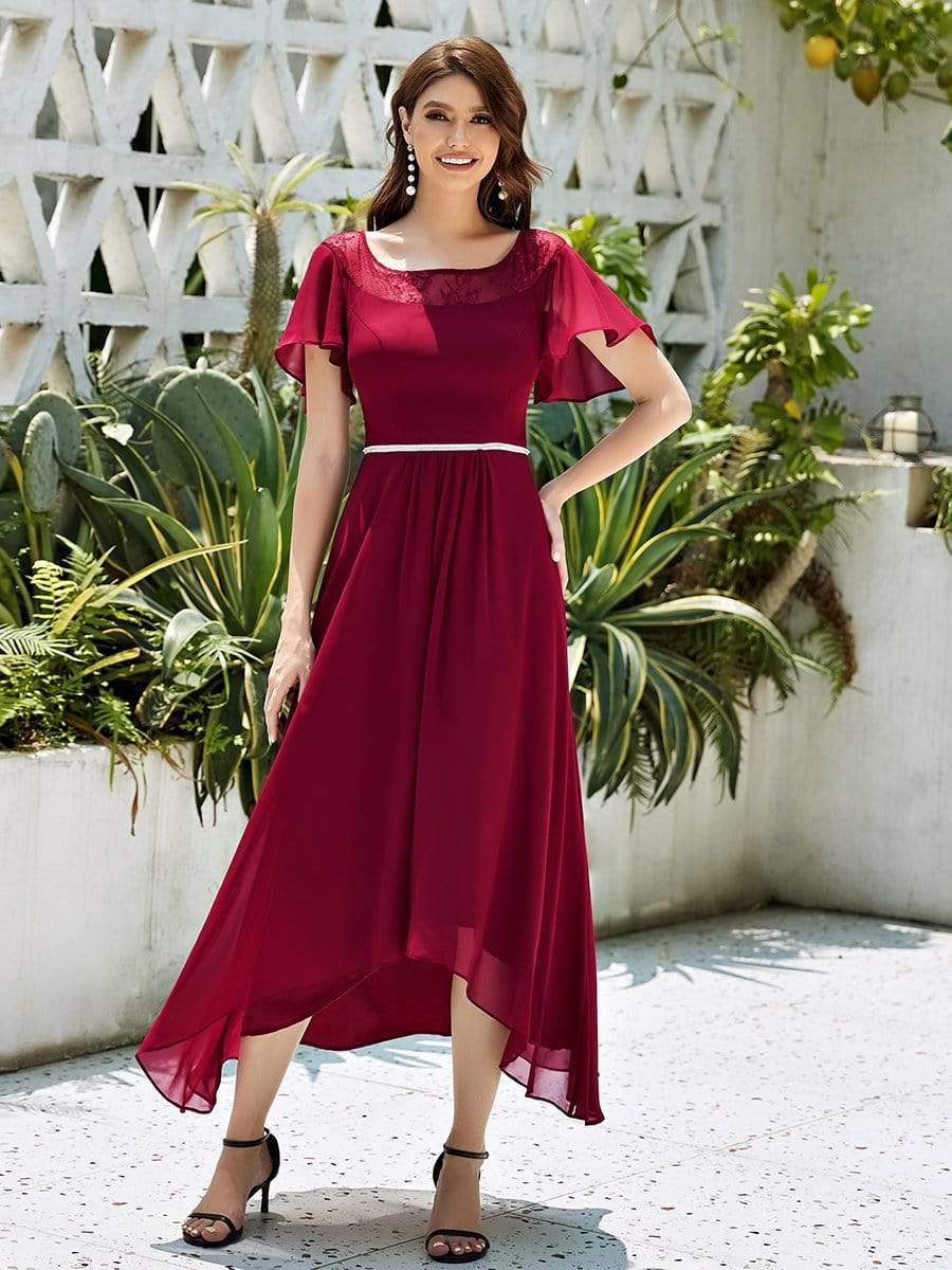 Women's Casual Boat Neck A-Line Midi Dress with Irregular Hem #color_Burgundy