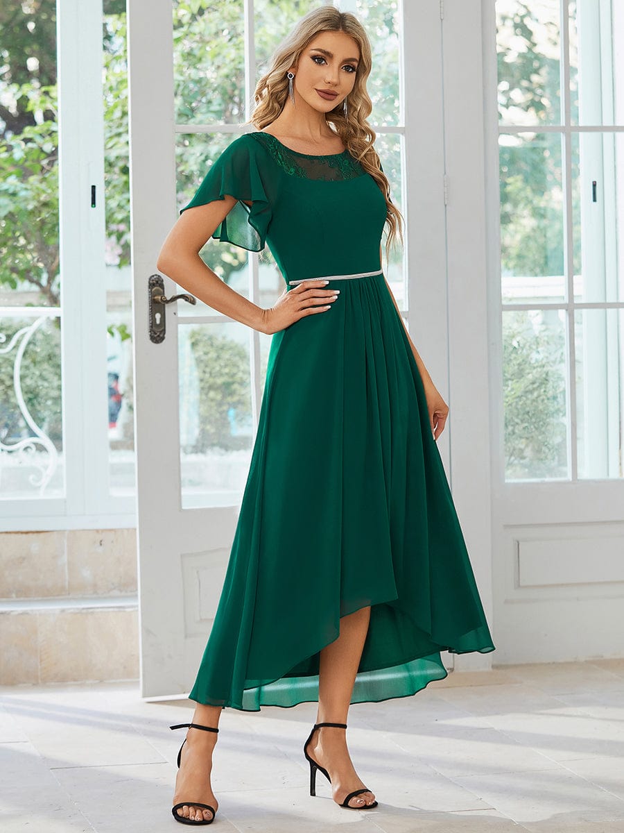 Women's Casual Boat Neck A-Line Midi Dress with Irregular Hem #color_Dark Green