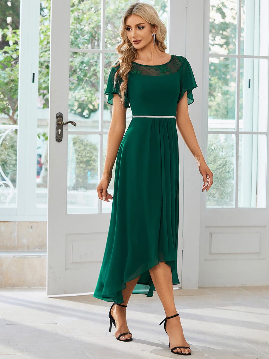 Women's Casual Boat Neck A-Line Midi Dress with Irregular Hem #color_Dark Green