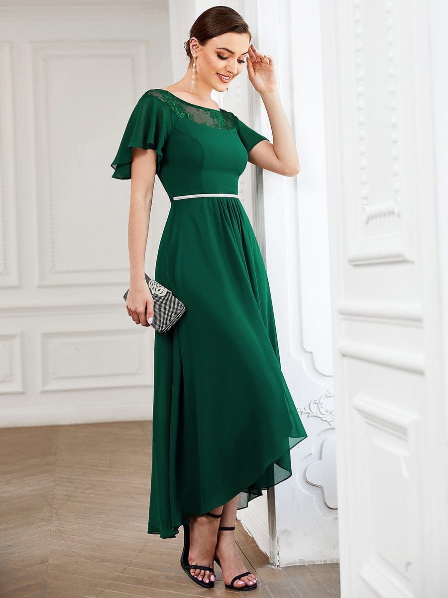 Women's Casual Boat Neck A-Line Midi Dress with Irregular Hem #color_Dark Green