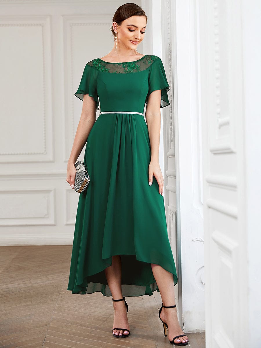 Women's Casual Boat Neck A-Line Midi Dress with Irregular Hem #color_Dark Green