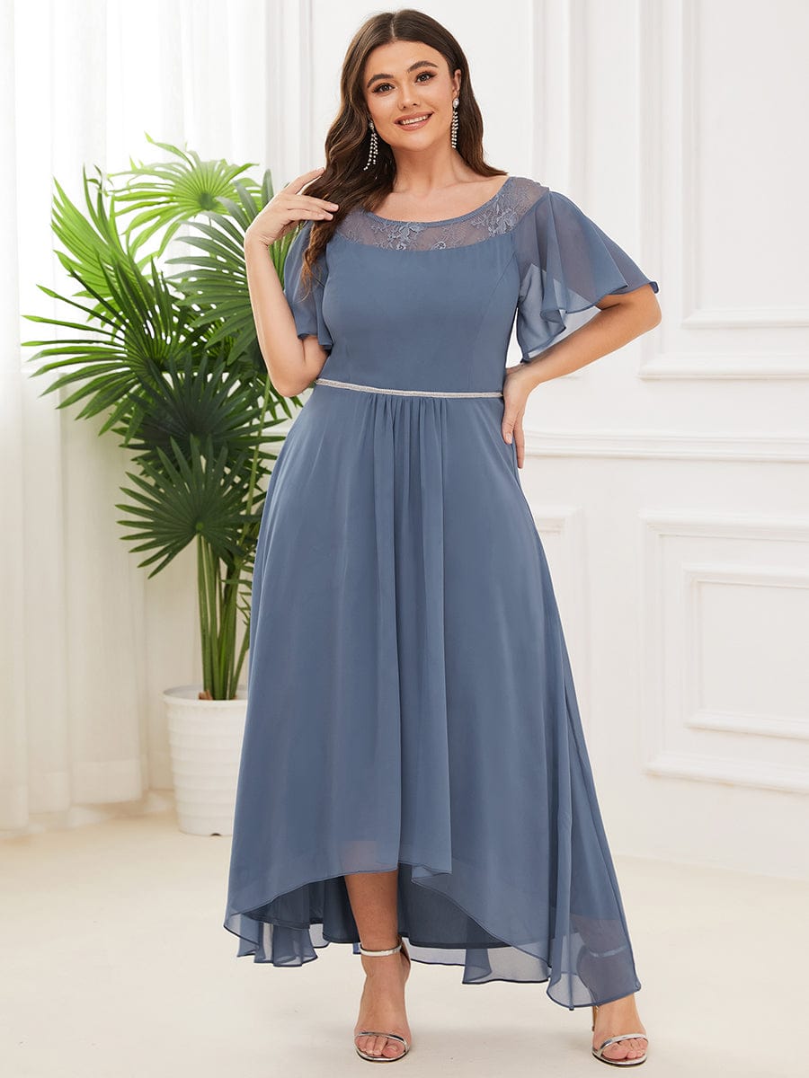 Women's Casual Boat Neck A-Line Midi Dress with Irregular Hem #color_Dusty Blue