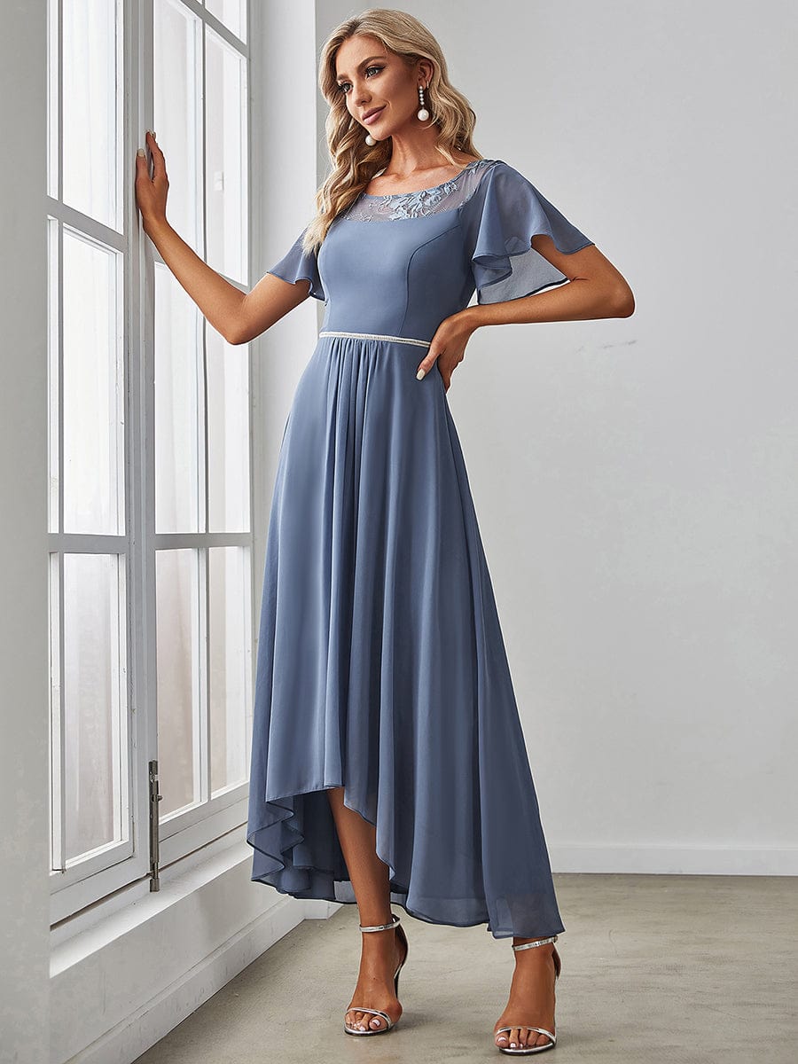 Women's Casual Boat Neck A-Line Midi Dress with Irregular Hem #color_Dusty Blue