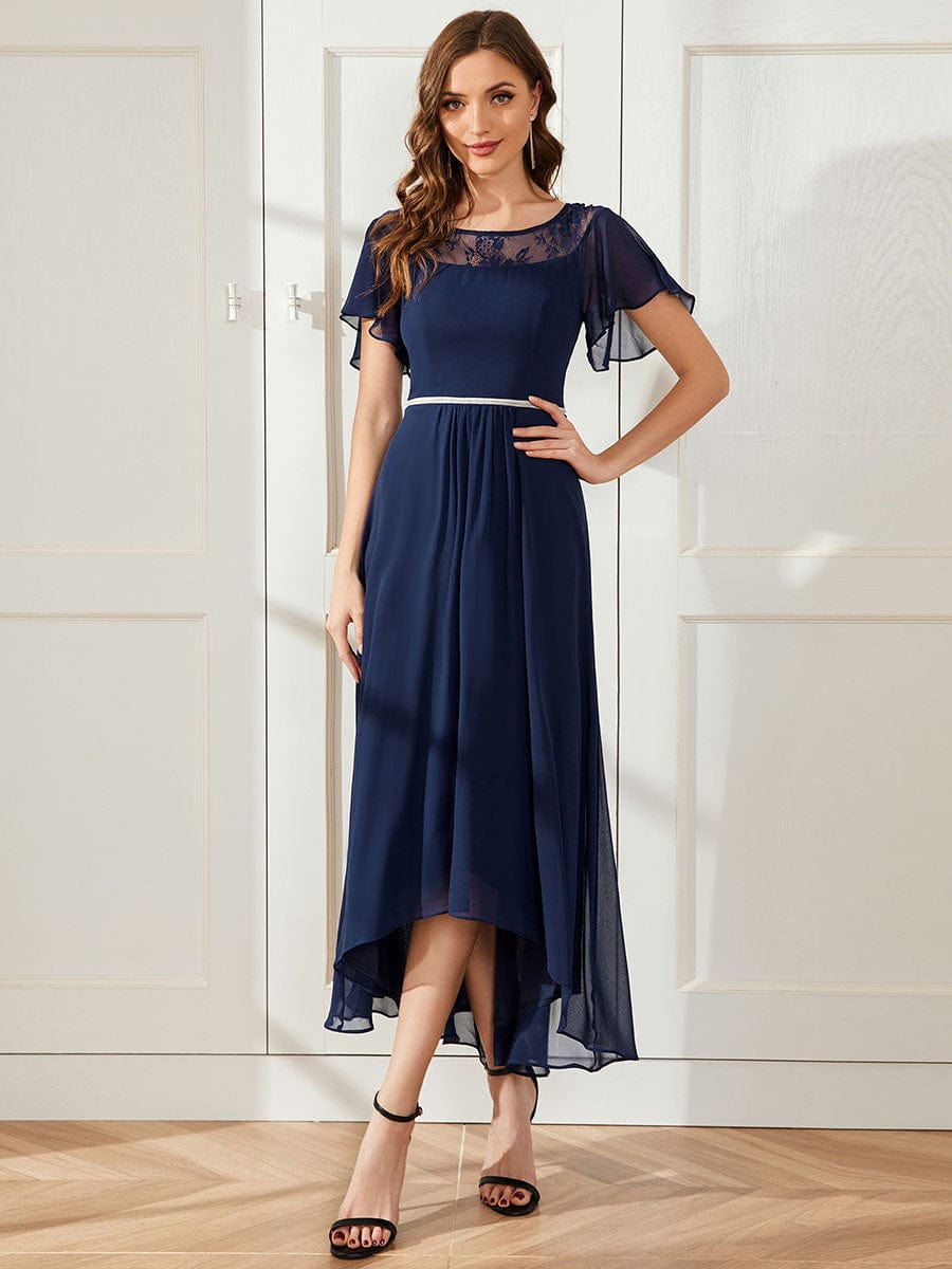 Women's Casual Boat Neck A-Line Midi Dress with Irregular Hem #color_Navy Blue