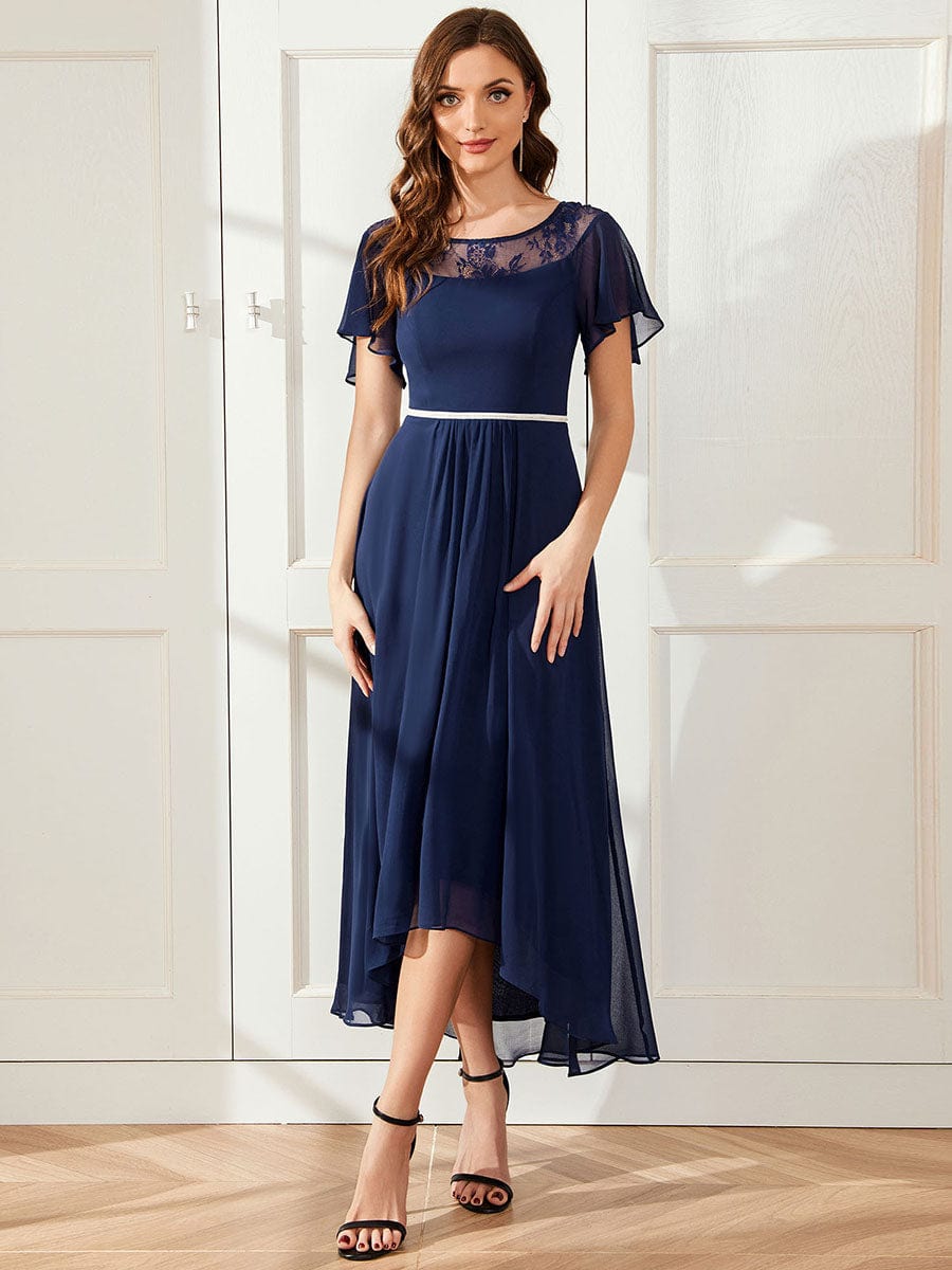 Women's Casual Boat Neck A-Line Midi Dress with Irregular Hem #color_Navy Blue