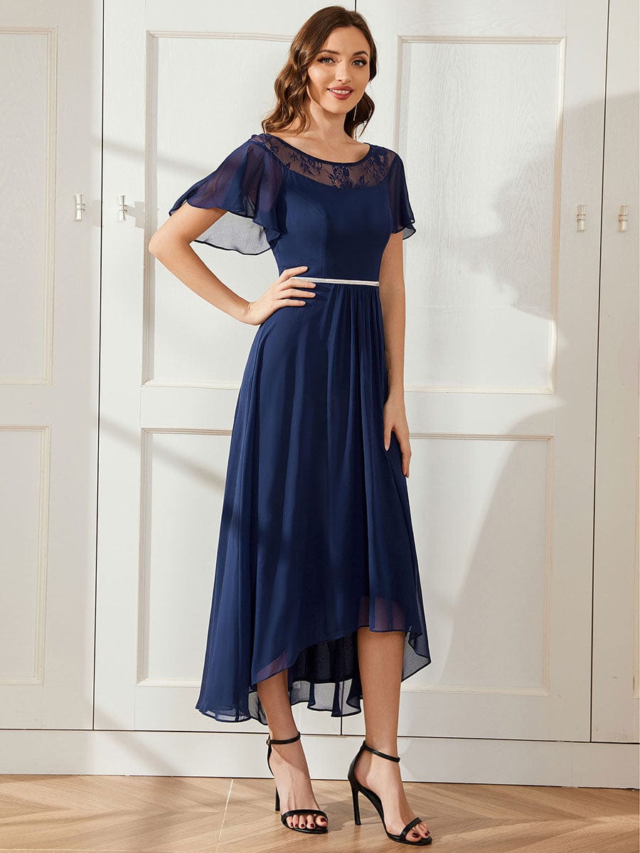 Women's Casual Boat Neck A-Line Midi Dress with Irregular Hem #color_Navy Blue