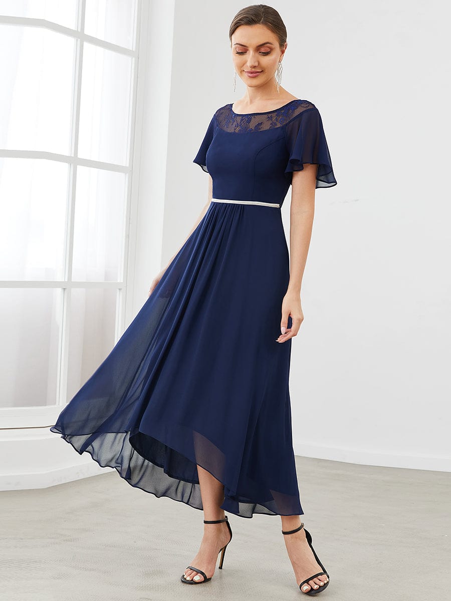 Women's Casual Boat Neck A-Line Midi Dress with Irregular Hem #color_Navy Blue