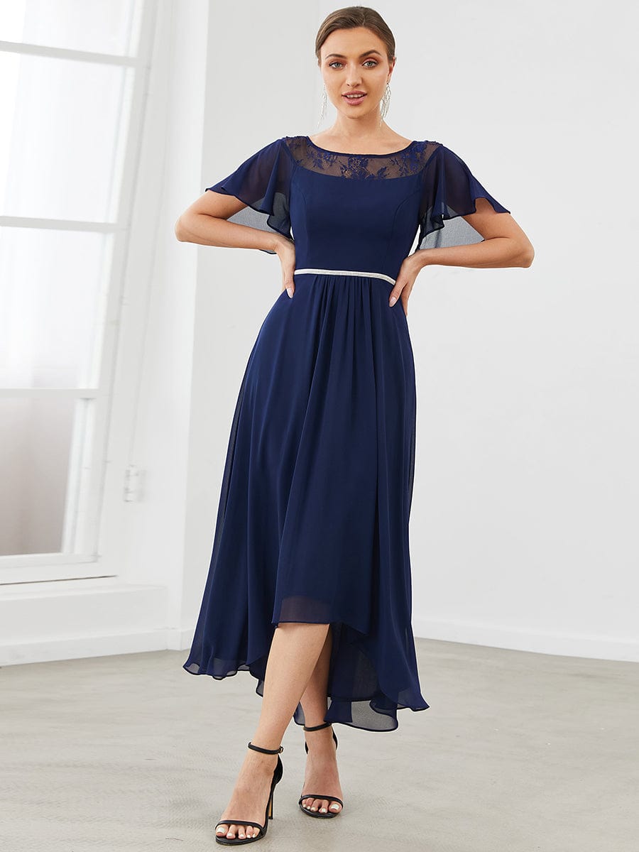 Women's Casual Boat Neck A-Line Midi Dress with Irregular Hem #color_Navy Blue