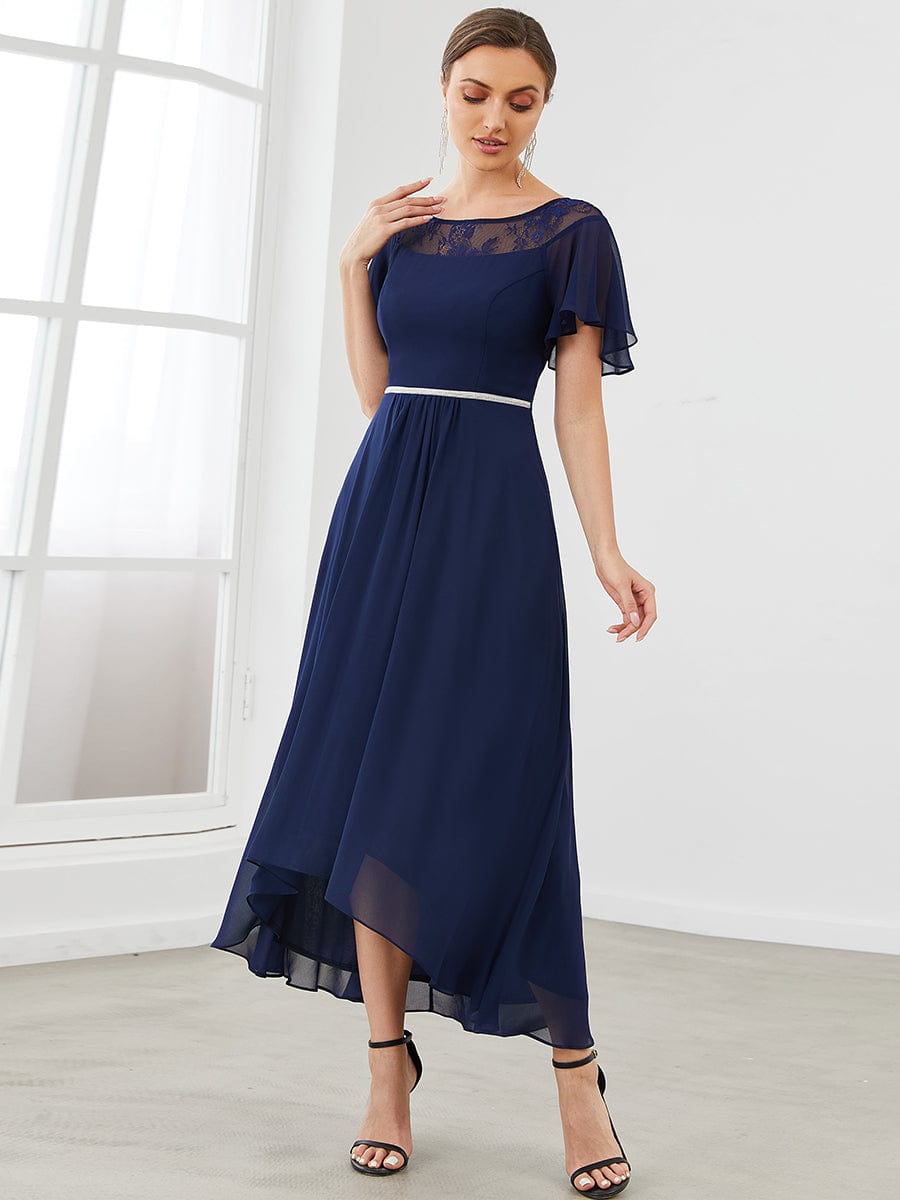 Women's Casual Boat Neck A-Line Midi Dress with Irregular Hem #color_Navy Blue