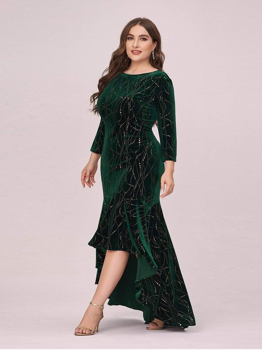 Elegant Plus Size Bodycon High-Low Velvet Party Dress #color_Dark Green