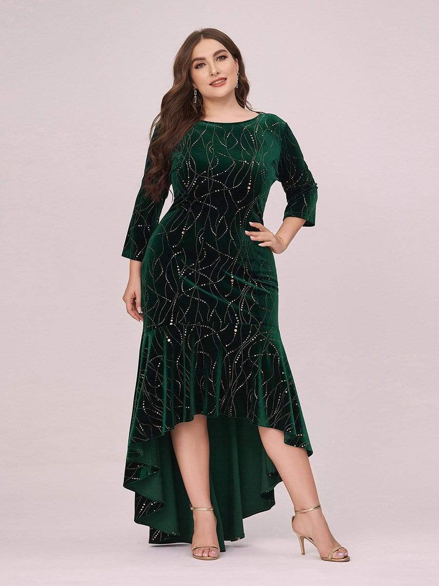 Elegant Plus Size Bodycon High-Low Velvet Party Dress #color_Dark Green