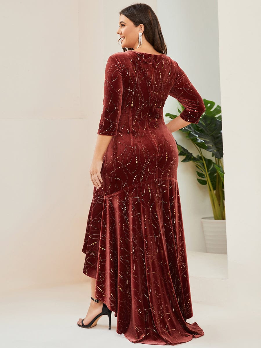 Elegant Plus Size Bodycon High-Low Velvet Party Dress #color_Brick Red