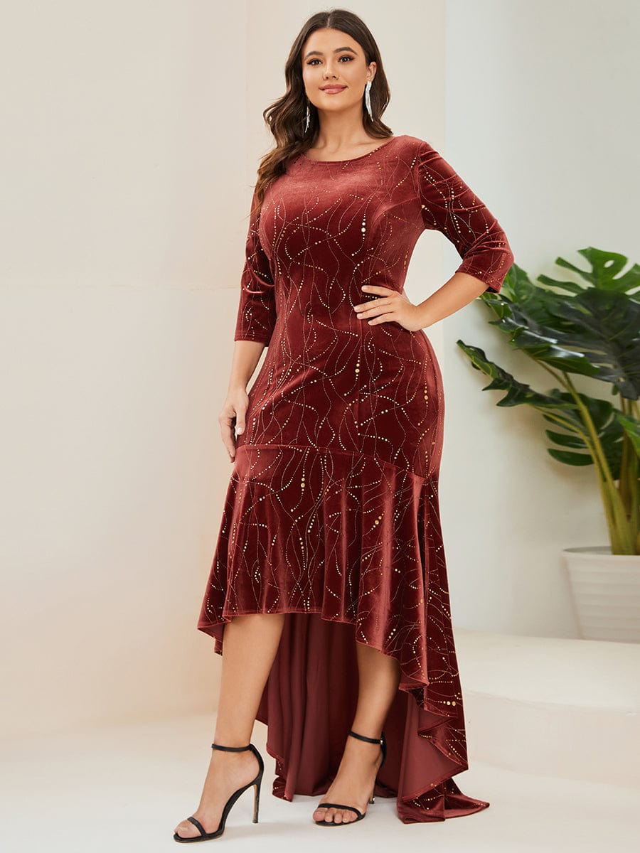 Elegant Plus Size Bodycon High-Low Velvet Party Dress #color_Brick Red