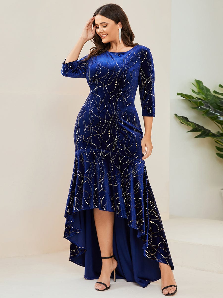 Elegant Plus Size Bodycon High-Low Velvet Party Dress #color_Royal Blue