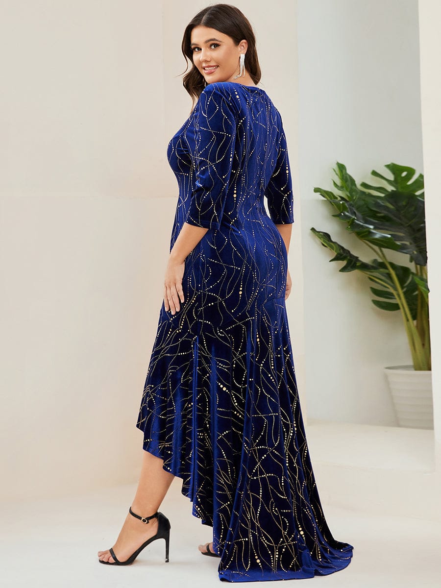 Elegant Plus Size Bodycon High-Low Velvet Party Dress #color_Royal Blue