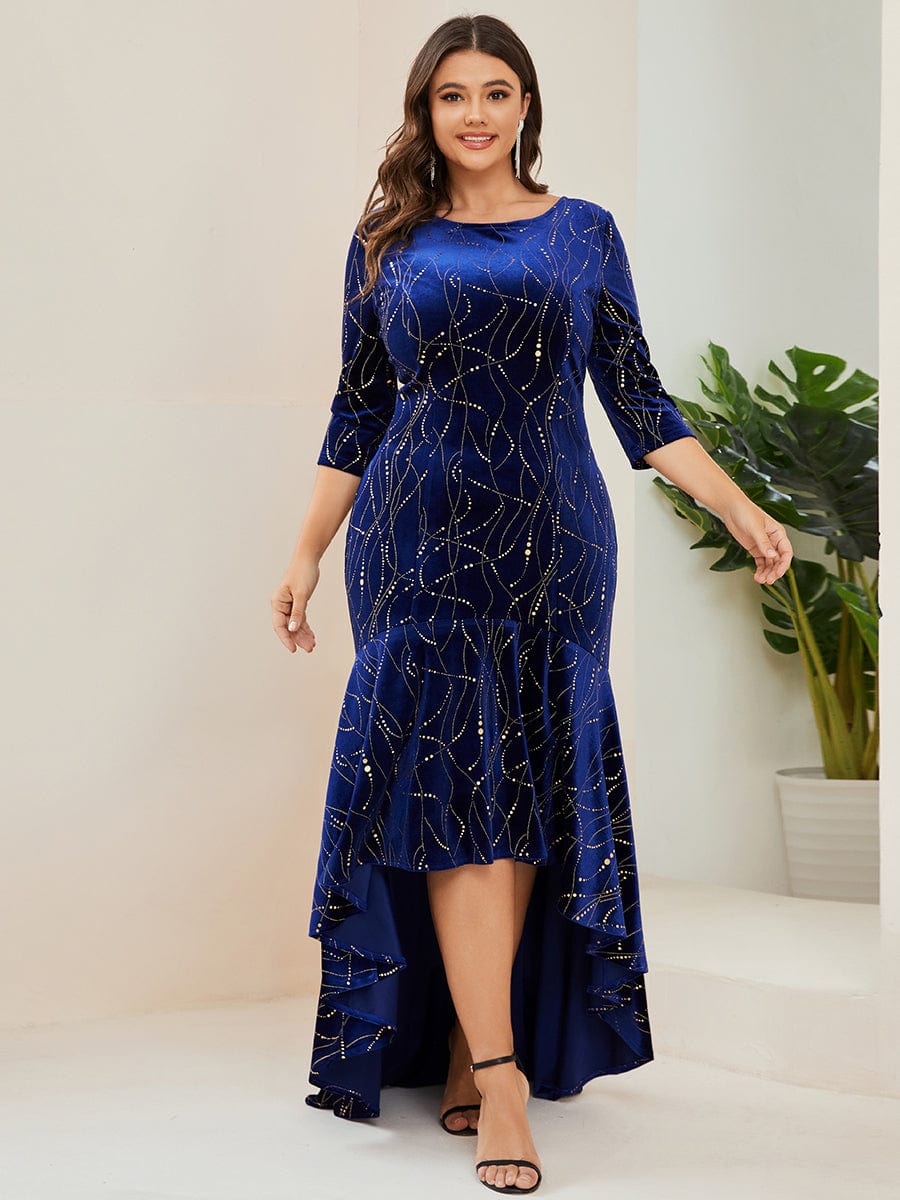 Elegant Plus Size Bodycon High-Low Velvet Party Dress #color_Royal Blue