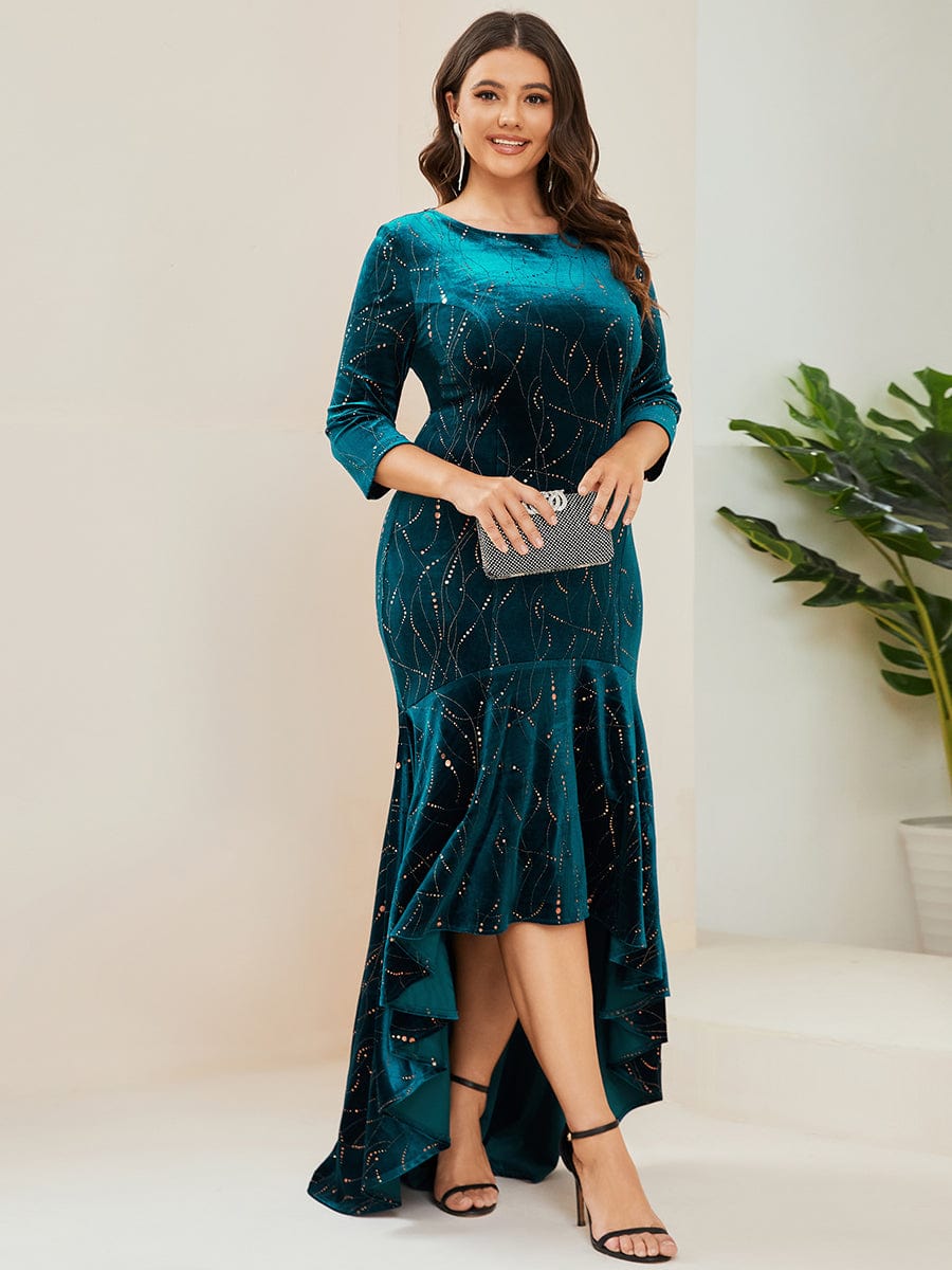 Elegant Plus Size Bodycon High-Low Velvet Party Dress #color_Teal