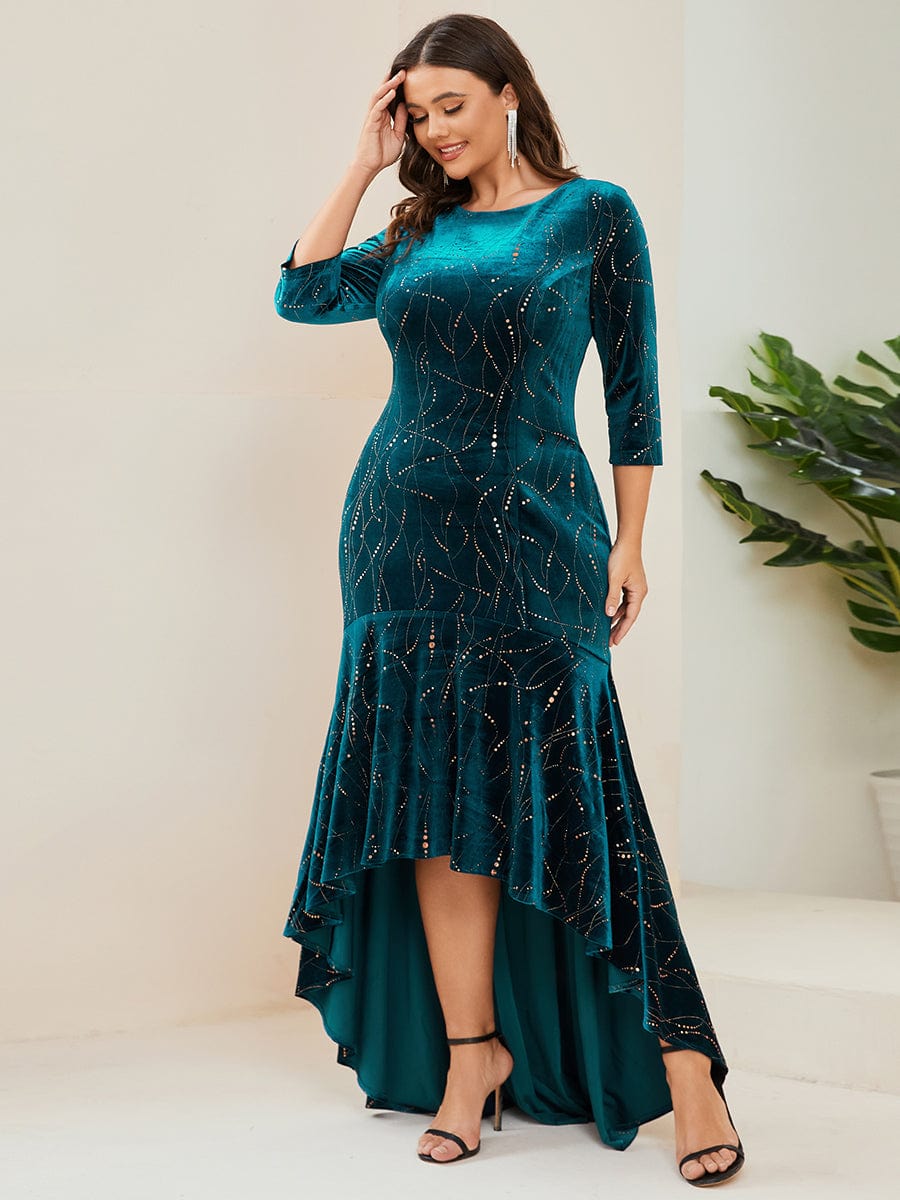 Elegant Plus Size Bodycon High-Low Velvet Party Dress #color_Teal