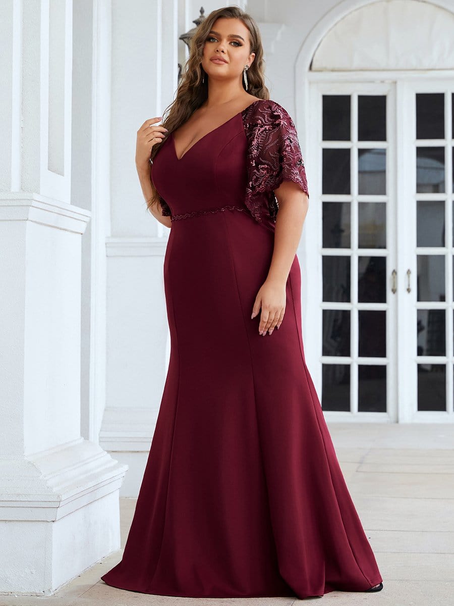 Sexy Maxi V Neck Bodycon Party Dress with Flare Sleeves #color_Burgundy