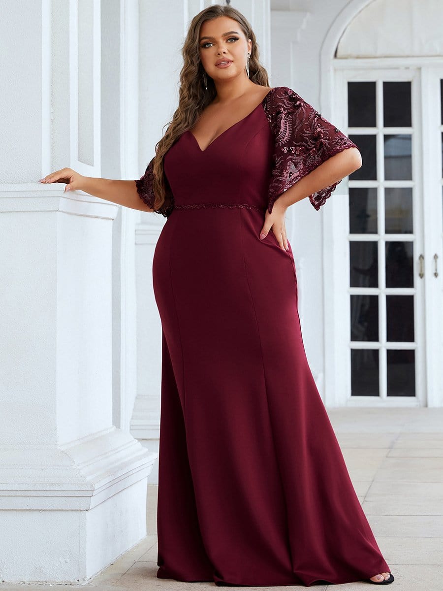 Elegant Plus Size V Neck Fishtail Evening Dress for Women #color_Burgundy