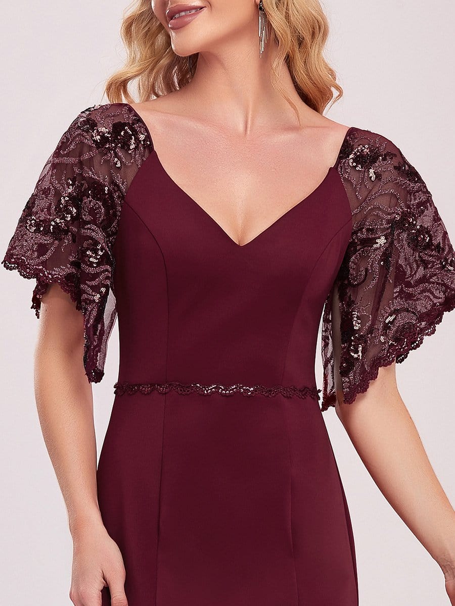 Sexy Maxi V Neck Bodycon Party Dress with Flare Sleeves #color_Burgundy