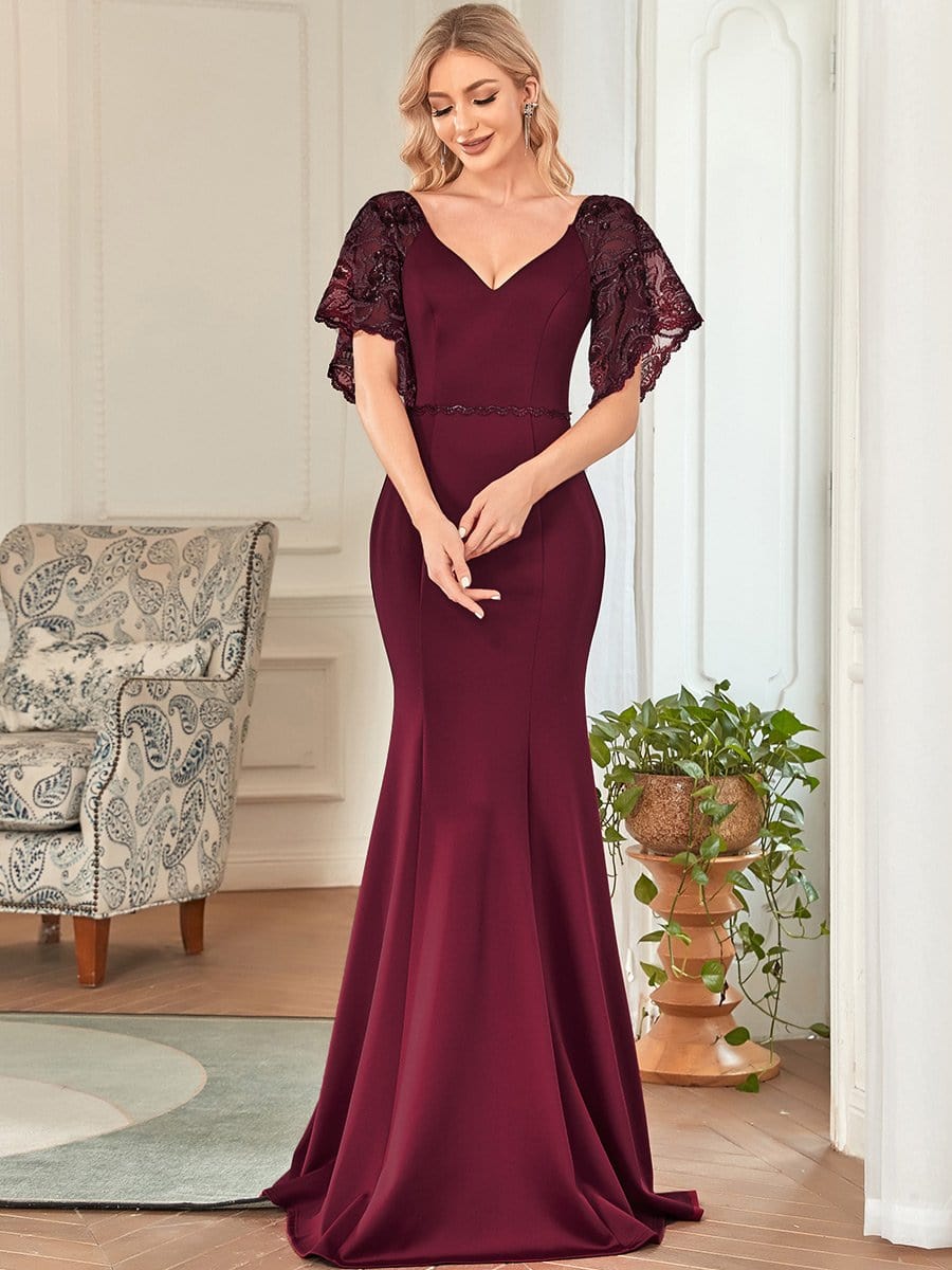 Custom Size Sexy Maxi V Neck Bodycon Party Dress with Flare Sleeves #color_Burgundy