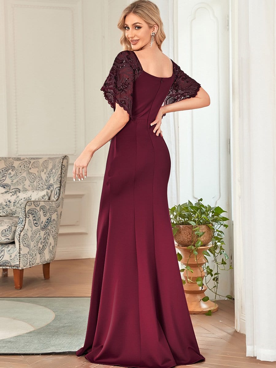 Custom Size Sexy Maxi V Neck Bodycon Party Dress with Flare Sleeves #color_Burgundy