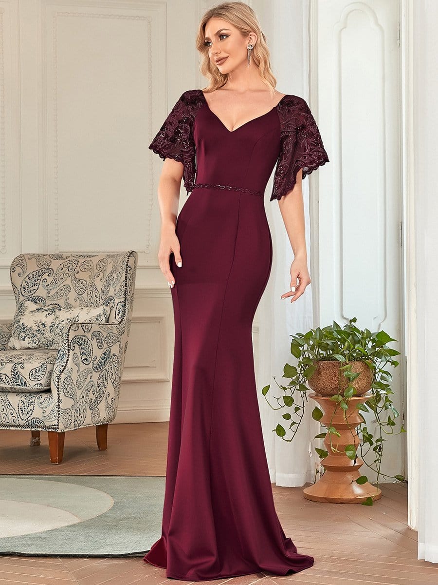 Sexy Maxi V Neck Bodycon Party Dress with Flare Sleeves #color_Burgundy