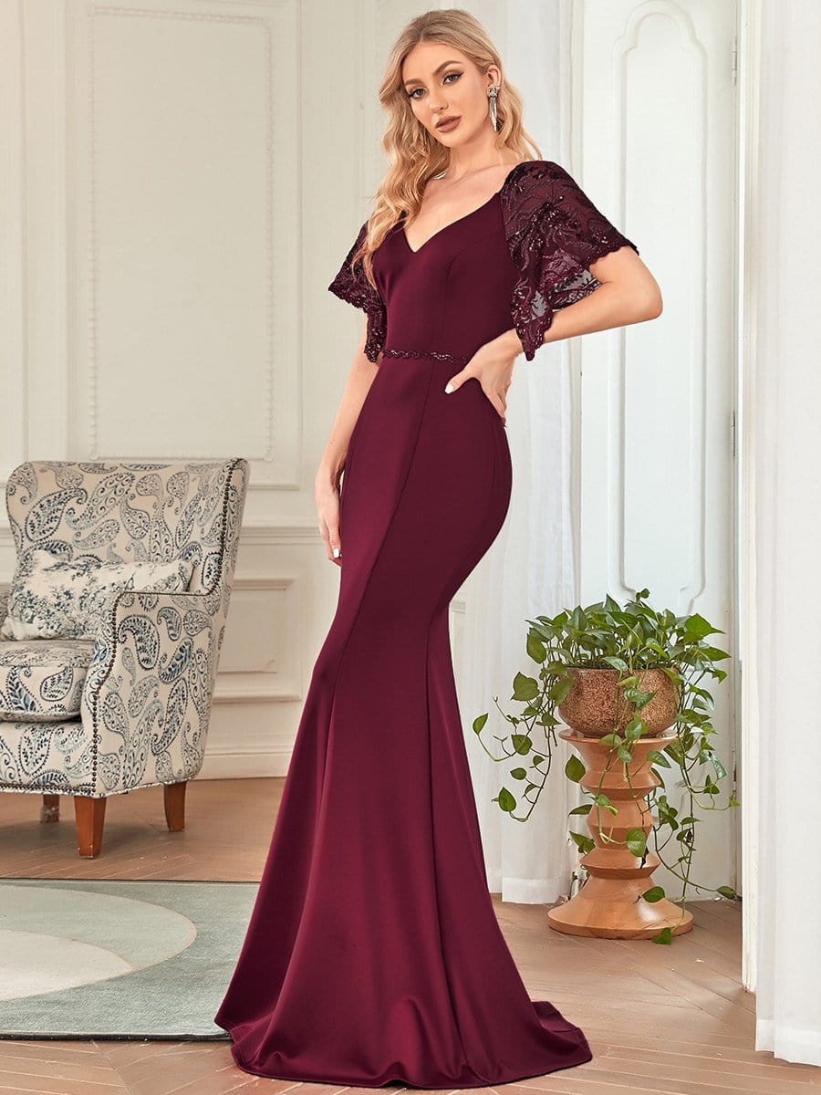 Sexy Maxi V Neck Bodycon Party Dress with Flare Sleeves #color_Burgundy