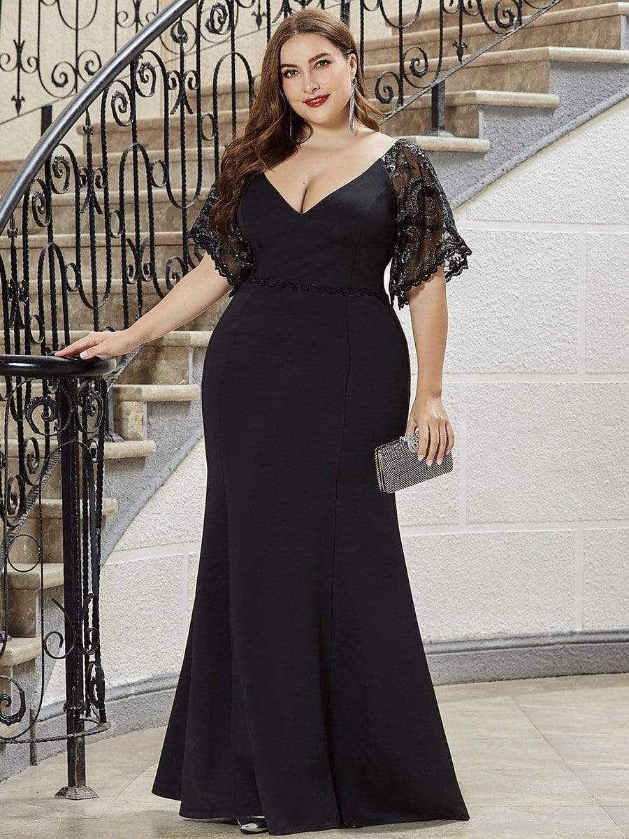 Plus Size V Neck Lace Sleeve Evening Dress for Women #color_Black