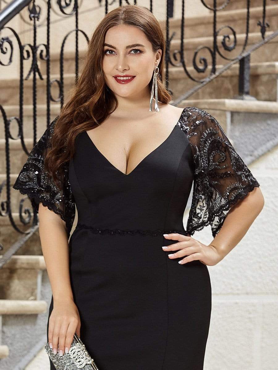 Plus Size V Neck Lace Sleeve Evening Dress for Women #color_Black