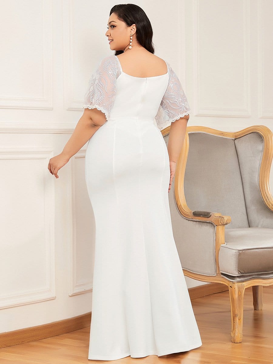 Plus Size V Neck Lace Sleeve Evening Dress for Women #color_Cream