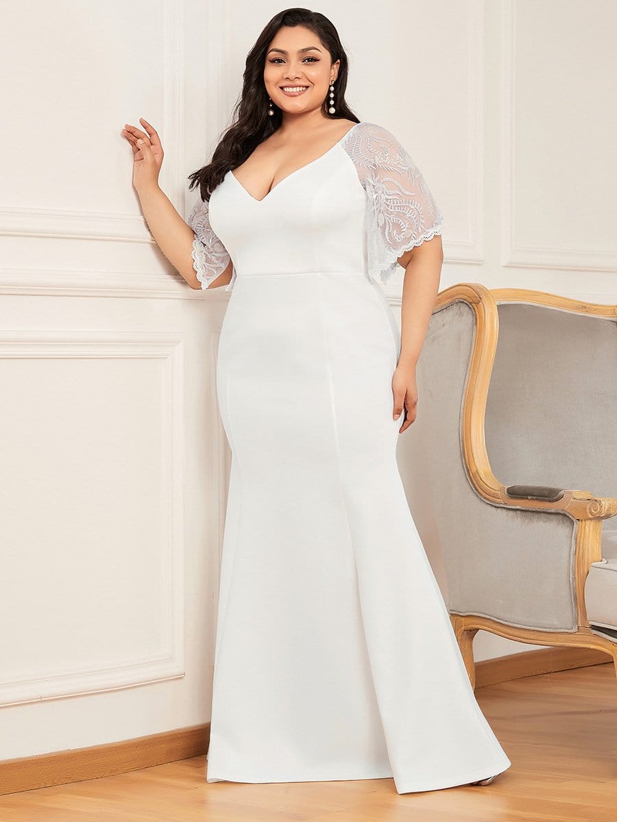 Plus Size V Neck Lace Sleeve Evening Dress for Women #color_Cream