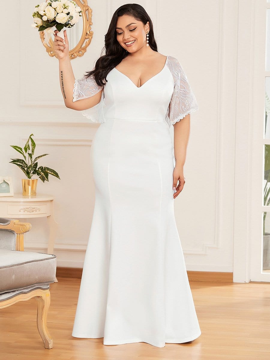 Plus Size V Neck Lace Sleeve Evening Dress for Women #color_Cream