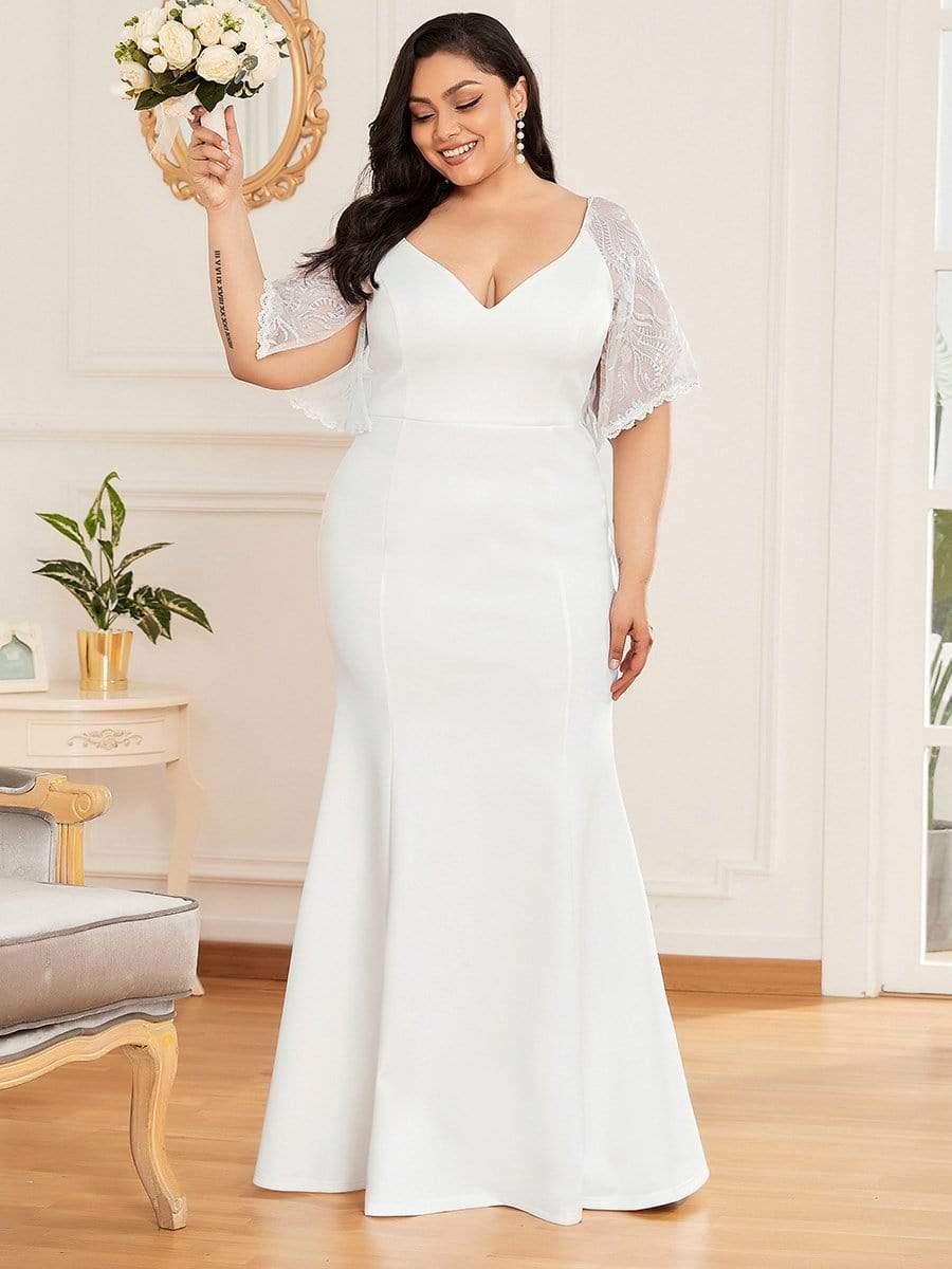 Elegant Plus Size V Neck Fishtail Evening Dress for Women #color_Cream