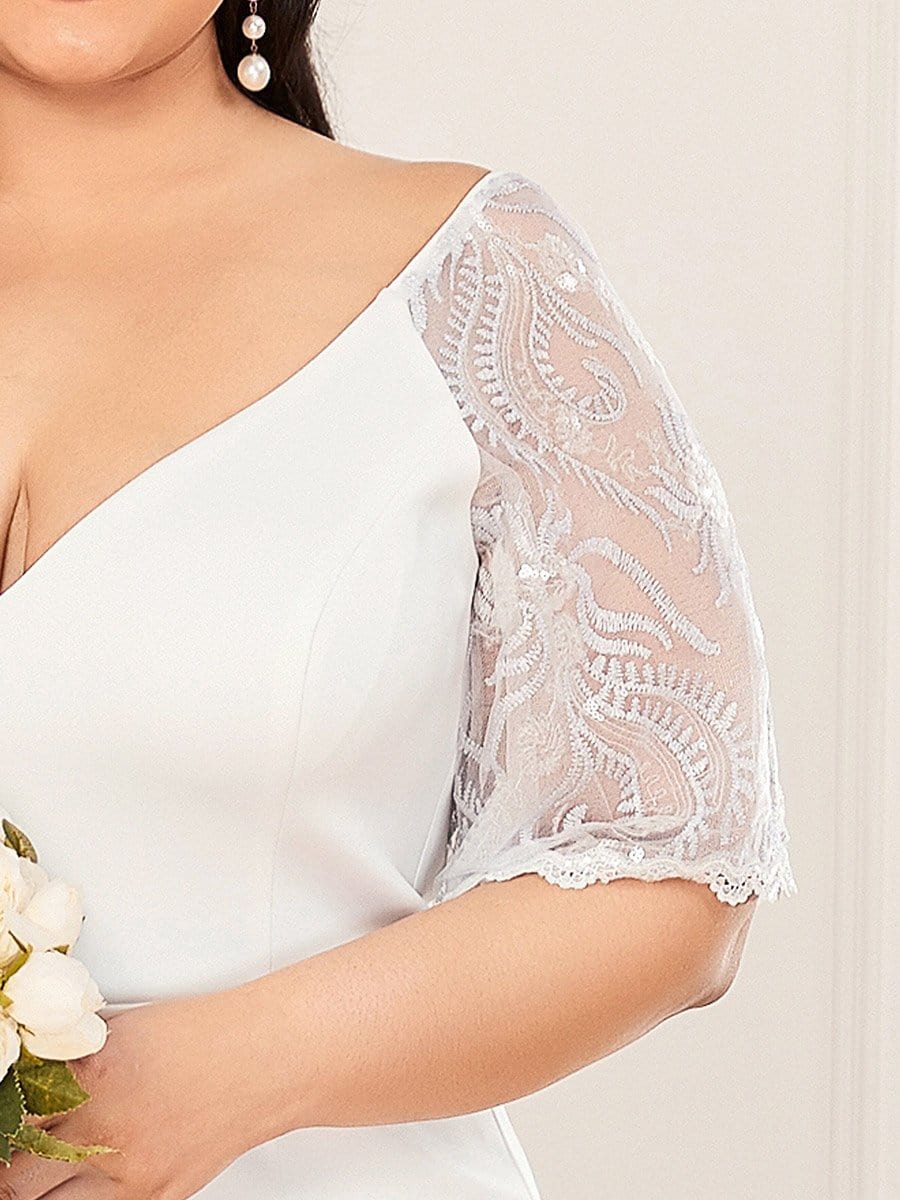 Plus Size V Neck Lace Sleeve Evening Dress for Women #color_Cream