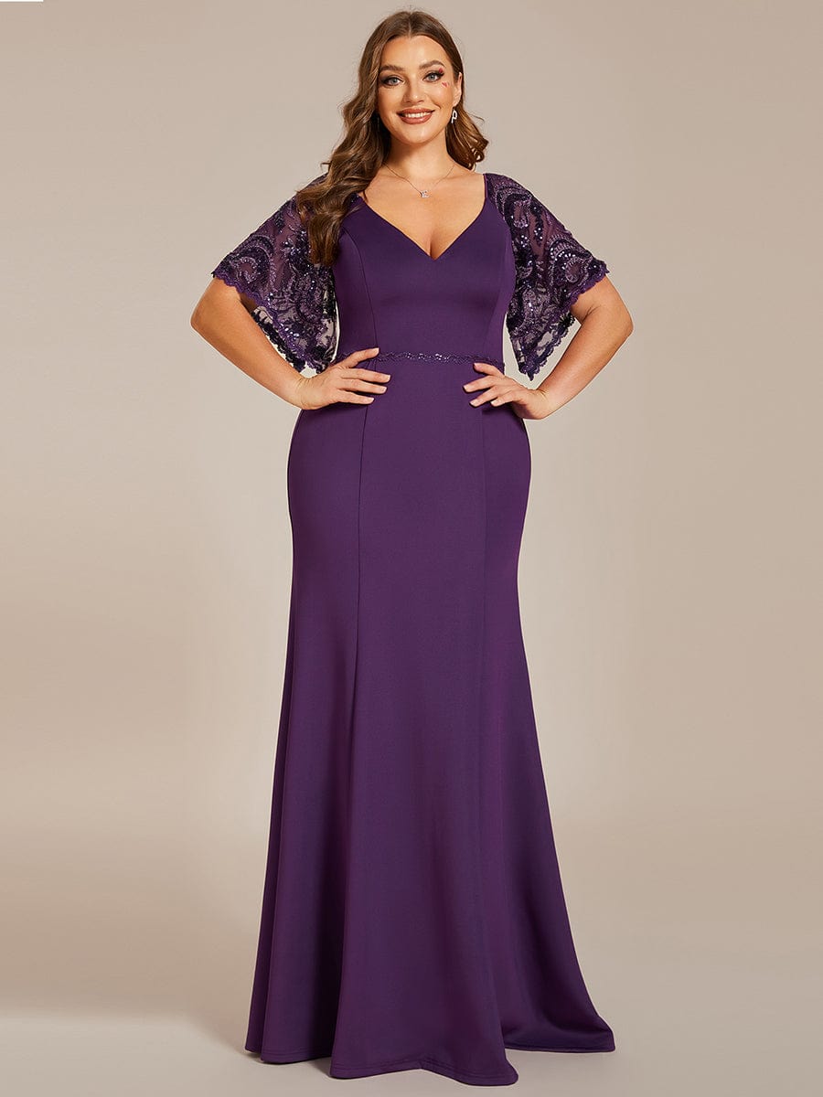 Elegant Plus Size V Neck Fishtail Evening Dress for Women #color_Dark Purple