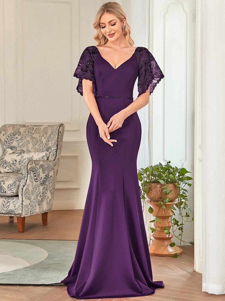 Sexy Maxi V Neck Bodycon Party Dress with Flare Sleeves #color_Dark Purple