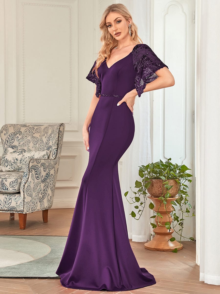 Sexy Maxi V Neck Bodycon Party Dress with Flare Sleeves #color_Dark Purple