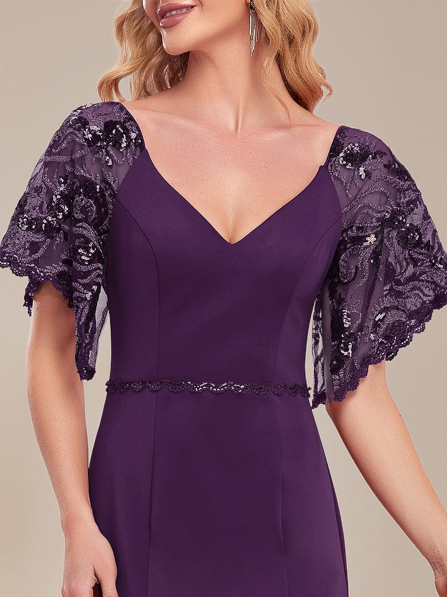 Sexy Maxi V Neck Bodycon Party Dress with Flare Sleeves #color_Dark Purple