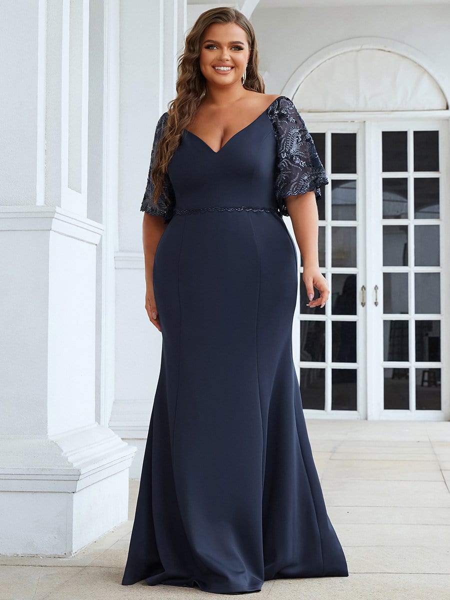 Elegant Plus Size V Neck Fishtail Evening Dress for Women #color_Navy Blue