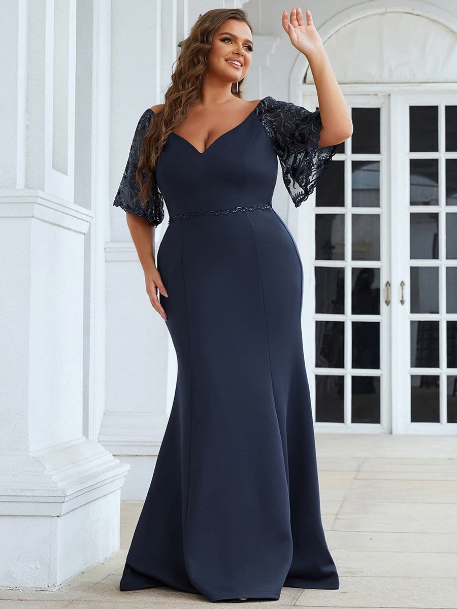 Sexy Maxi V Neck Bodycon Party Dress with Flare Sleeves #color_Navy Blue