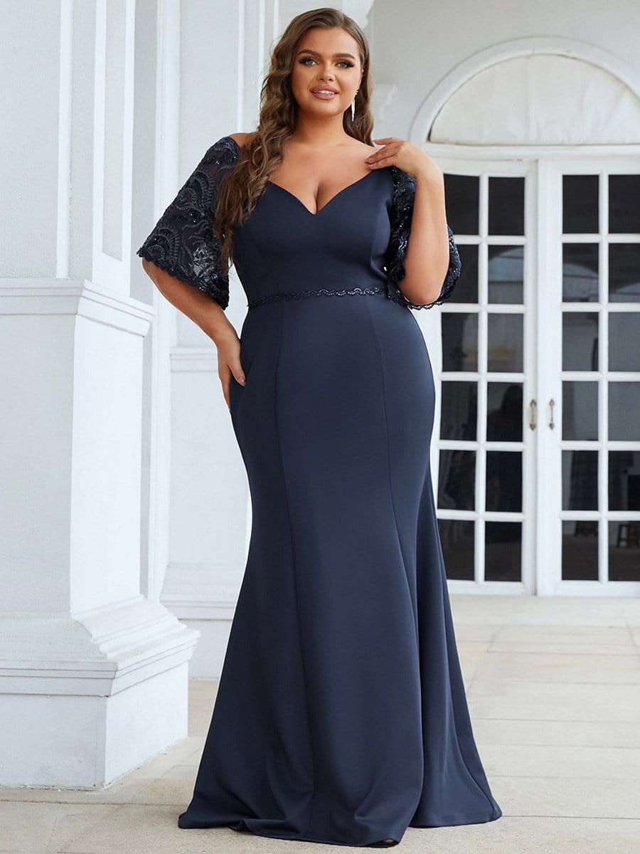 Elegant Plus Size V Neck Fishtail Evening Dress for Women #color_Navy Blue