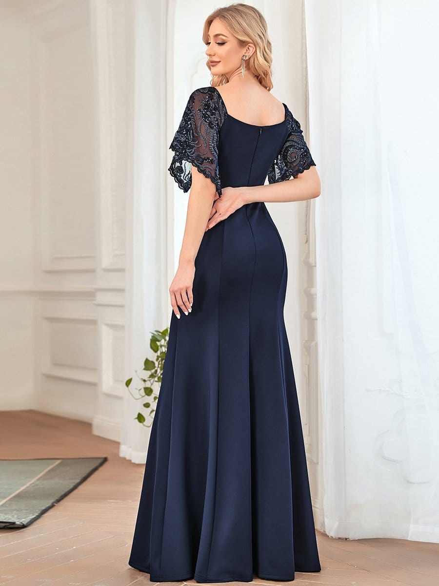 Sexy Maxi V Neck Bodycon Party Dress with Flare Sleeves #color_Navy Blue