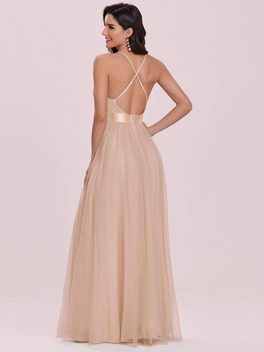 Sexy Deep V-neck Backless Tulle Maxi Evening Dresses #color_Blush