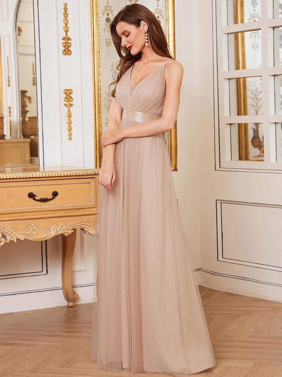 Sexy Deep V-neck Backless Tulle Maxi Evening Dresses #color_Blush