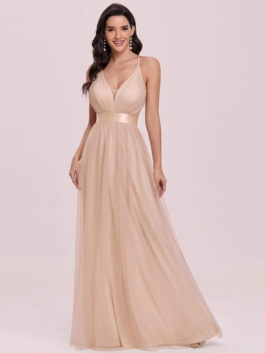 Sexy Deep V-neck Backless Tulle Maxi Evening Dresses #color_Blush