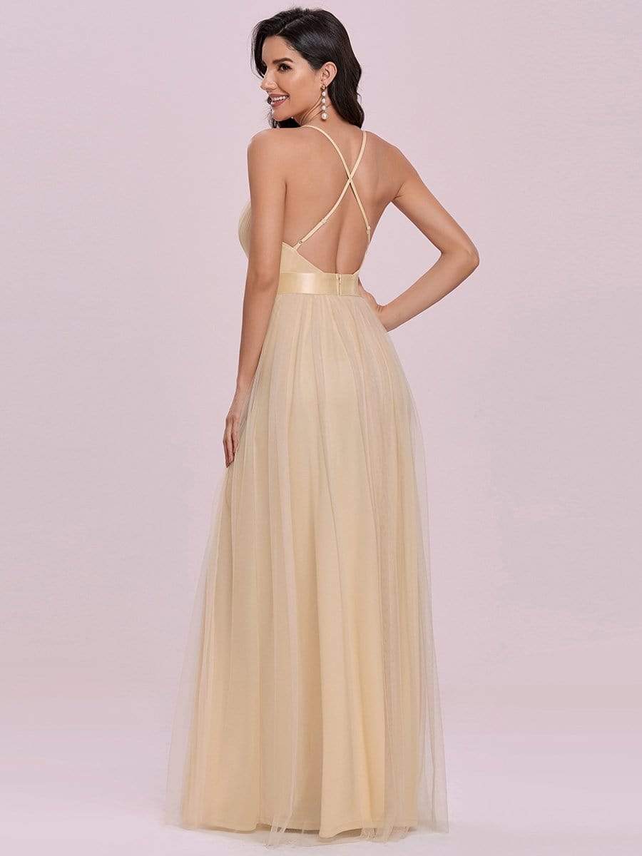 Sexy Deep V-neck Backless Tulle Maxi Evening Dresses #color_Gold