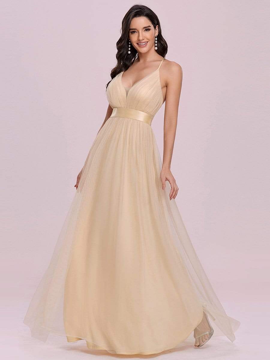 Sexy Deep V-neck Backless Tulle Maxi Evening Dresses #color_Gold