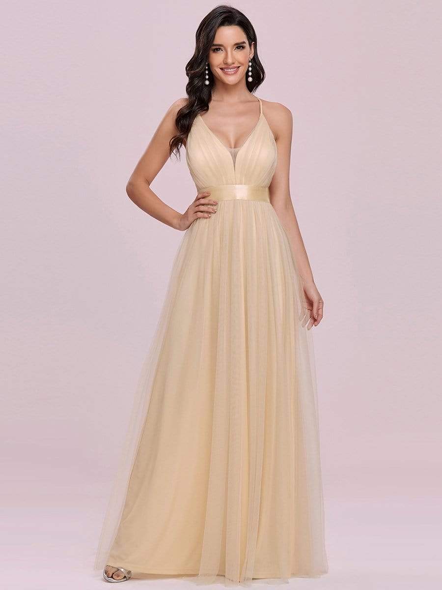 Sexy Deep V-neck Backless Tulle Maxi Evening Dresses #color_Gold